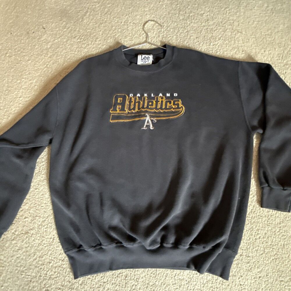 Vintage 90s MLB Oakland Athletics Lee Sport Black Sweatshirt | Men's XL - Picture 7 of 8